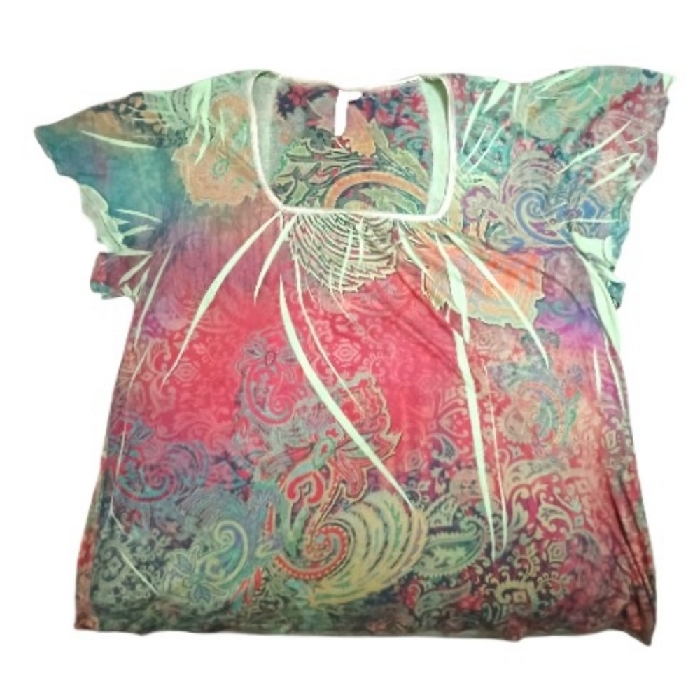 Women's Shirt Pullover Short Cap Sleeves Square Neck Top Vibrant Paisley Sz L